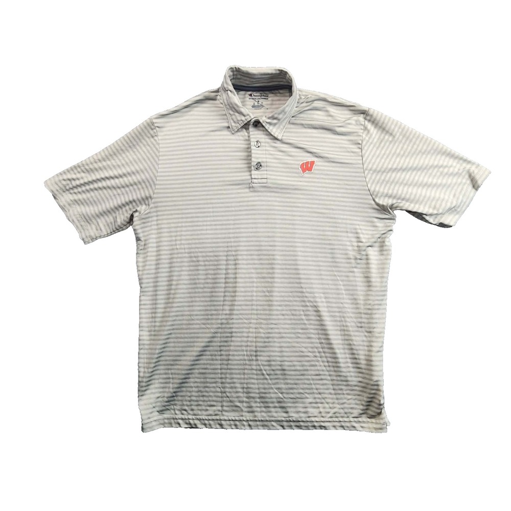 Champion Size M Grey Wisconsin Badgers Striped Polo Shirt NCAA Collegiate Sporty